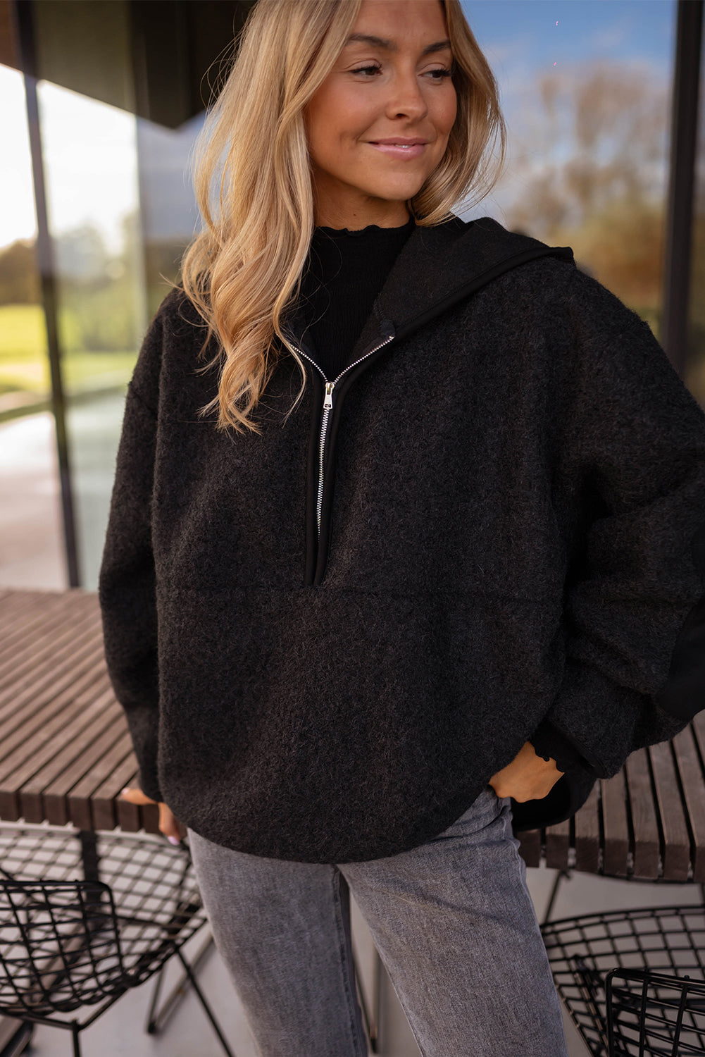 Black Woolen Blend Uneven Hem Half Zipped Pullover Baggy Hoodie