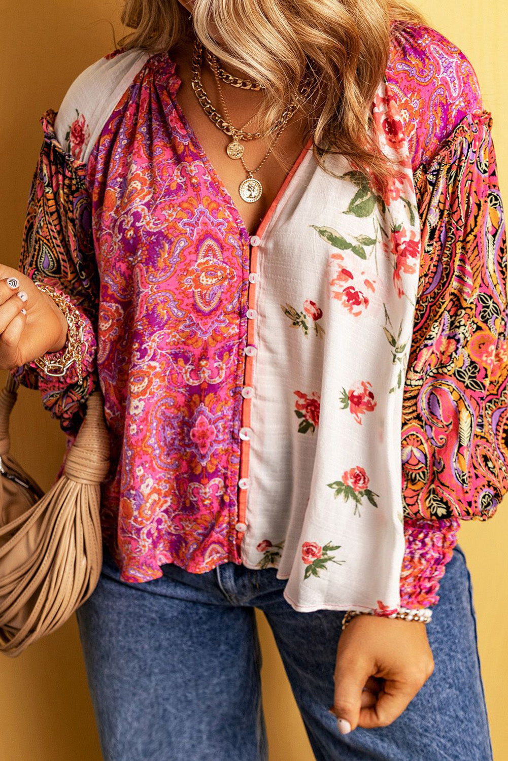 Pink Floral Print V-Neck Button-Up Blouse with Shirred Cuffs