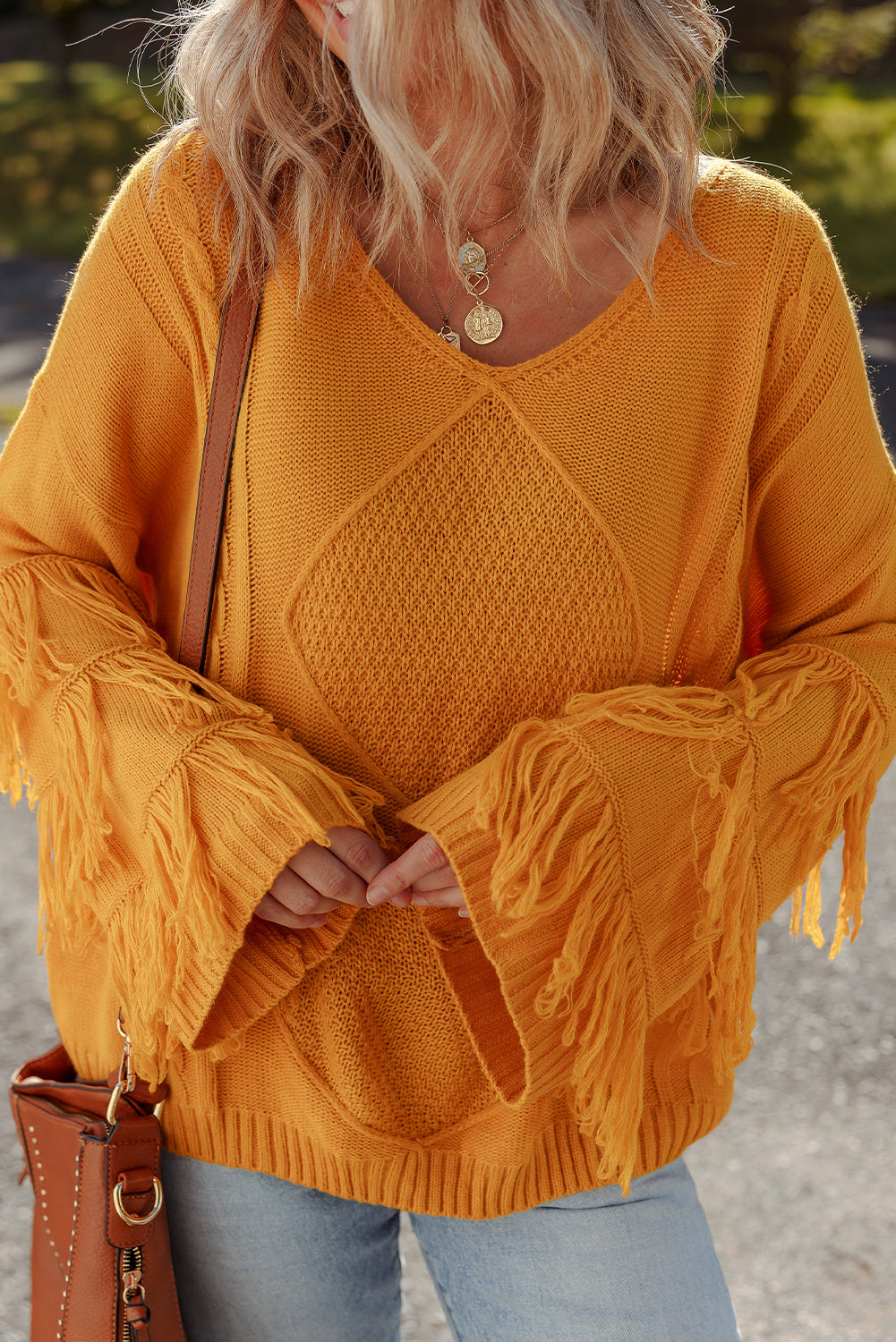 Jurassic Gold Pattern Knit Detail Fringe Trim Bell Sleeve Drop Shoulder Sweater