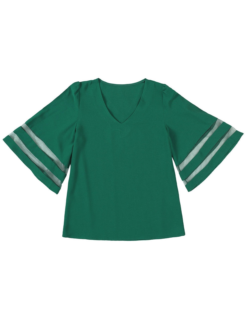 Green Sheer Flare Sleeve V Neck Casual Blouse