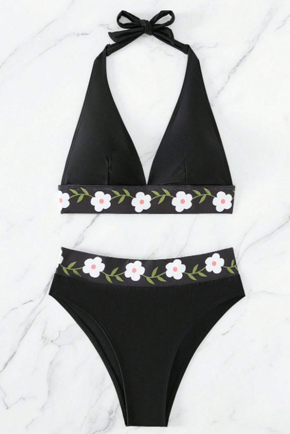 Elegant Black Floral Embroidered Halter Bikini