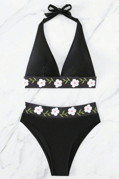 Elegant Black Floral Embroidered Halter Bikini