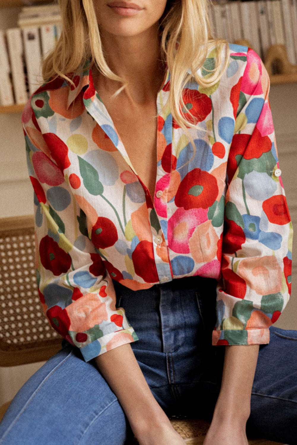 Ink Blossom Lapel Long Sleeve Blouse