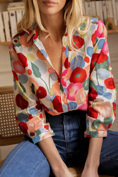Ink Blossom Lapel Long Sleeve Blouse