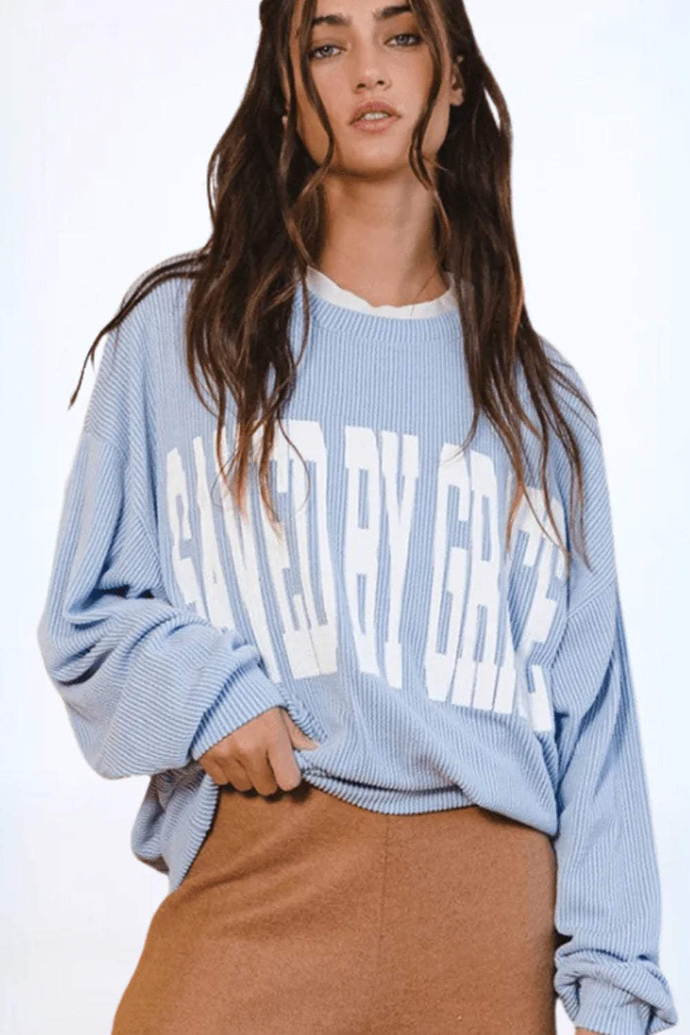 Beau Blue GOD IS LOVE/ SAVED BY GRACE Letter Print Twisted Ribbed Loose Top