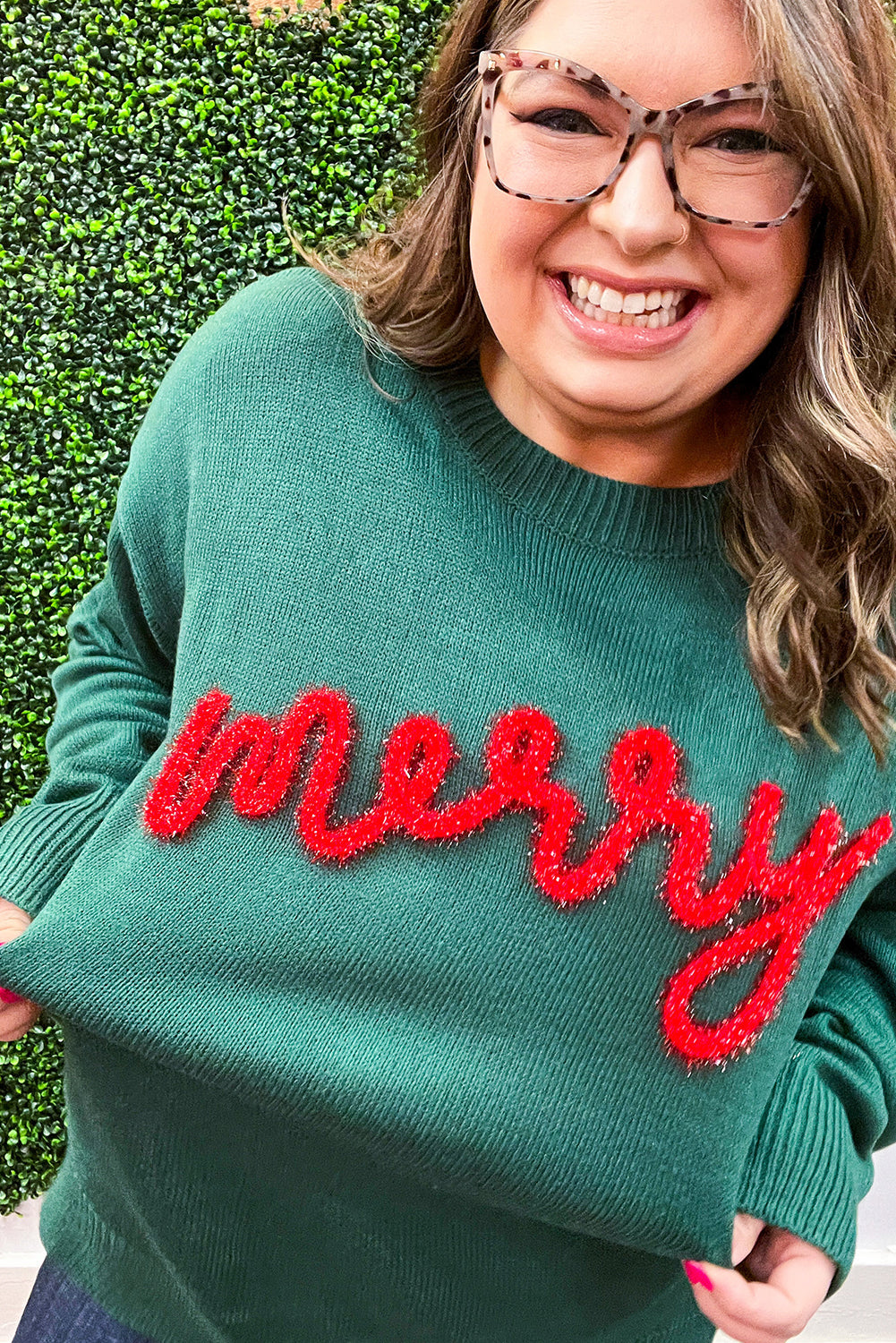 Evergreen merry Tinsel Letter Graphic Plus Size Sweater