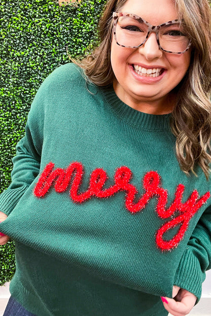 Evergreen merry Tinsel Letter Graphic Plus Size Sweater