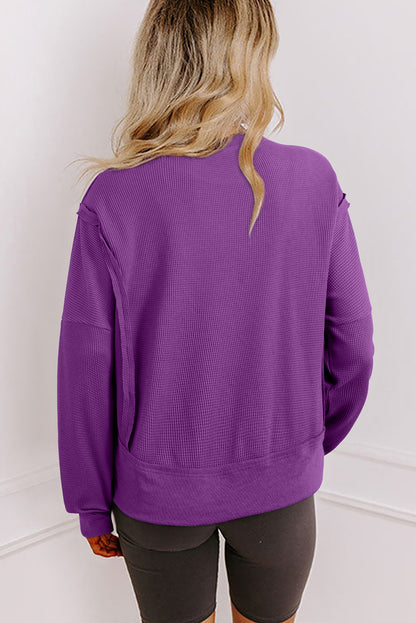 Orchid Mist Solid Color Raw Seam Patchwork Ribbed Drop Shoulder Sweatshirt