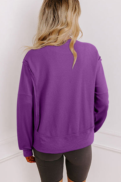 Orchid Mist Solid Color Raw Seam Patchwork Ribbed Drop Shoulder Sweatshirt
