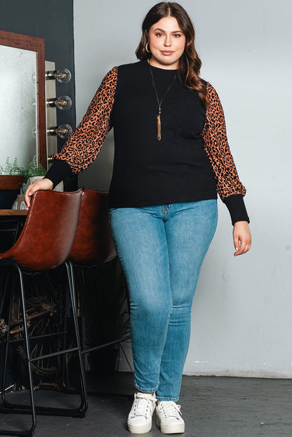 Leopard Print Mock Neck Ribbed Knit Top for Plus Size Women