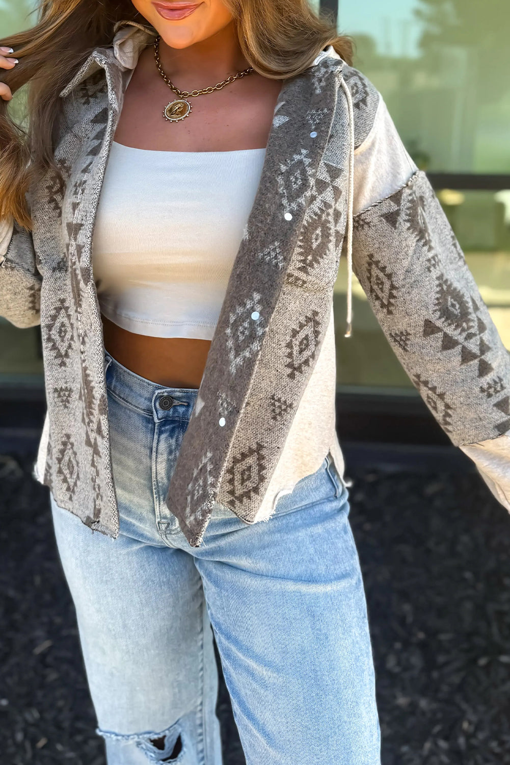 Gray Western Aztec Print Color Block Patchwork Drawstring Hooded Shacket