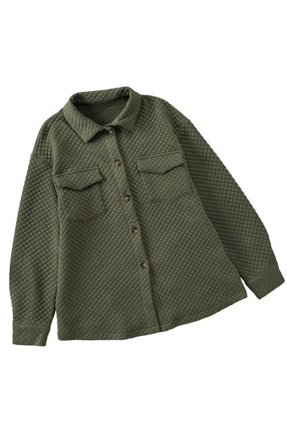 Green Vintage Quilted Flap Pocket Button Shirt Jacket
