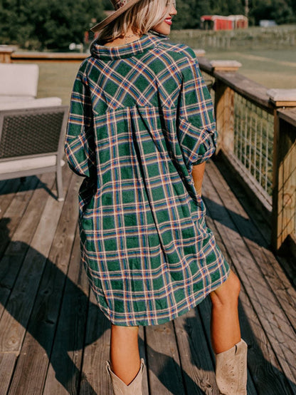 Green Plaid Oversized Tunic Shirt with Half Sleeves