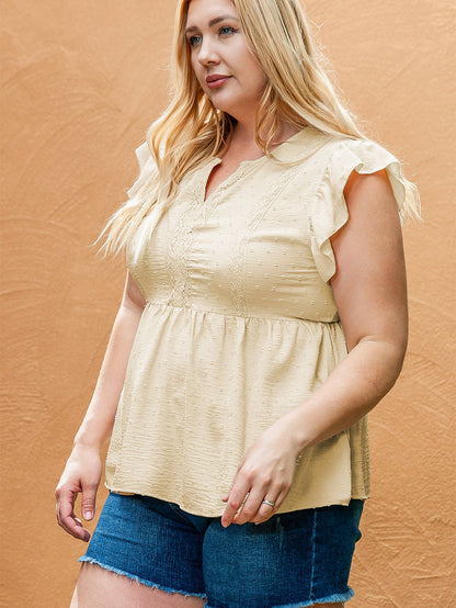 Golden Fleece Plus Size Swiss Dot Lace Trim Split Neck Babydoll Top