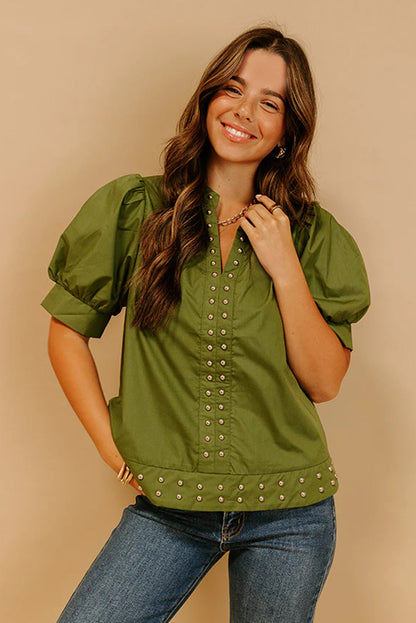 Fern Green Rivet Embellished V Neck Short Puff Sleeve Blouse