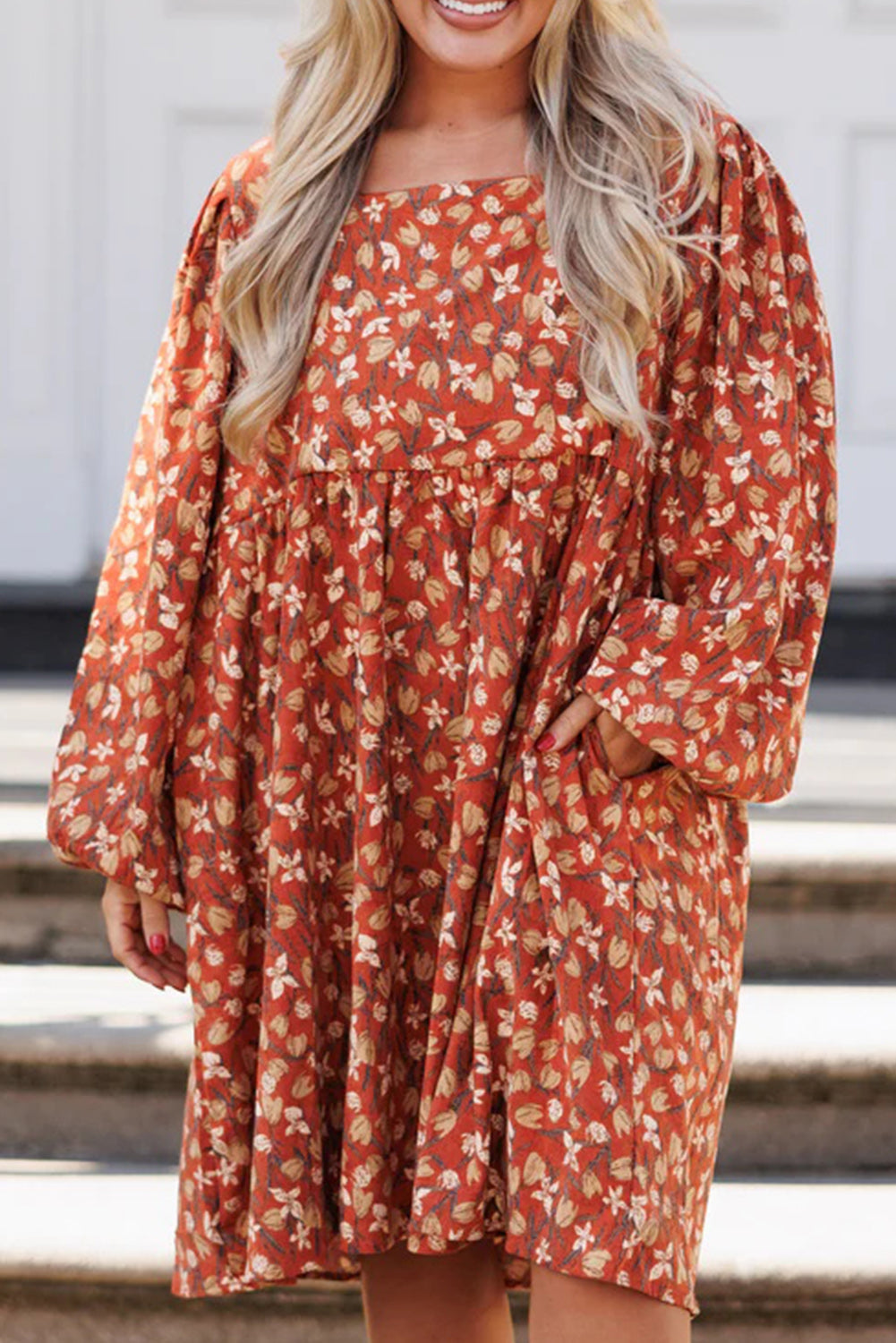 Elegant Gold Floral Square Neck Bubble Sleeve Plus Size Midi Dress