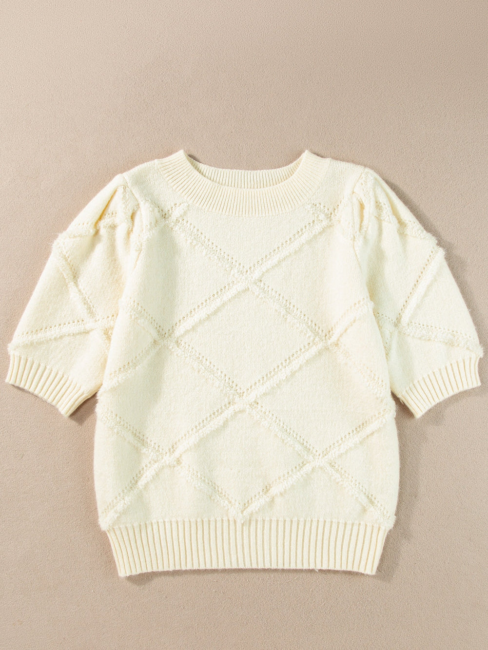 Elegant White Rhombus Pattern Ribbed Trim Short Sleeve Knit Top