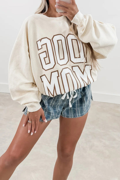 Beige Ribbed Texture DOG MOM Letter Print Oversize Sweatshirt