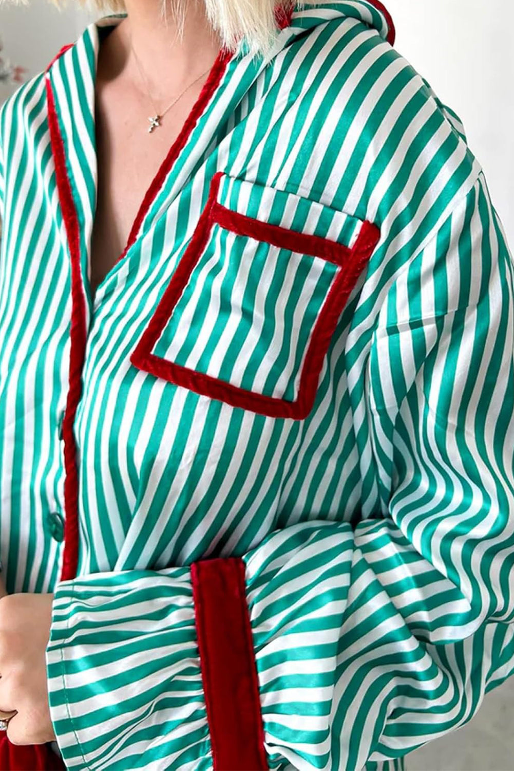 Green Stripe Contrast Velvet Trim Bow Knot Waist 2pcs Pajama Set