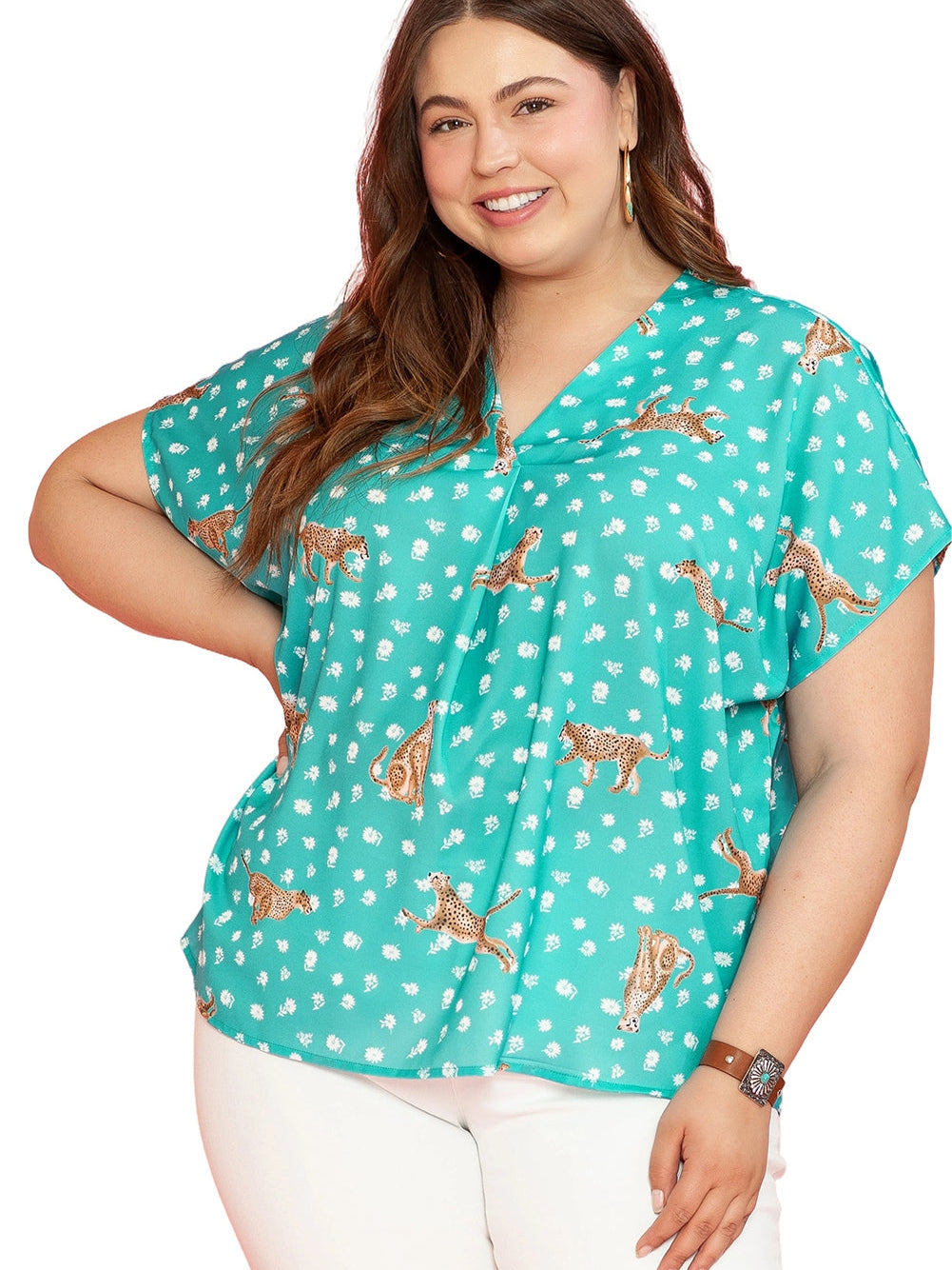 Green Cheetah Print V Neck Short Sleeve Plus Top