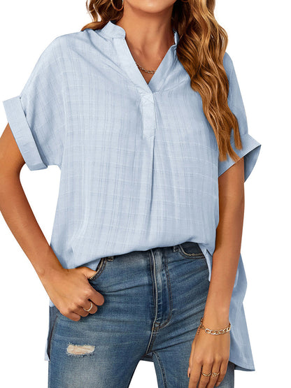 Blouses - V-Neck Thin Loose Plaid Short-Sleeved Blouse - MsDressly