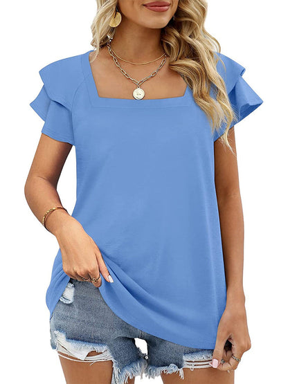 T-Shirts - Solid Color Square Neck Double Layer Petal Sleeve T-Shirt - MsDressly