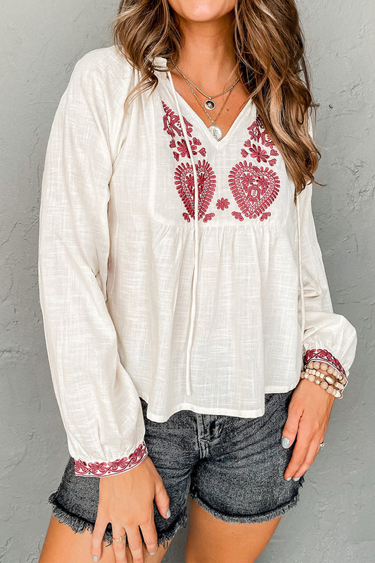 White Contrast Embroidery Detail Cuffed Long Sleeve Tie Neck Blouse