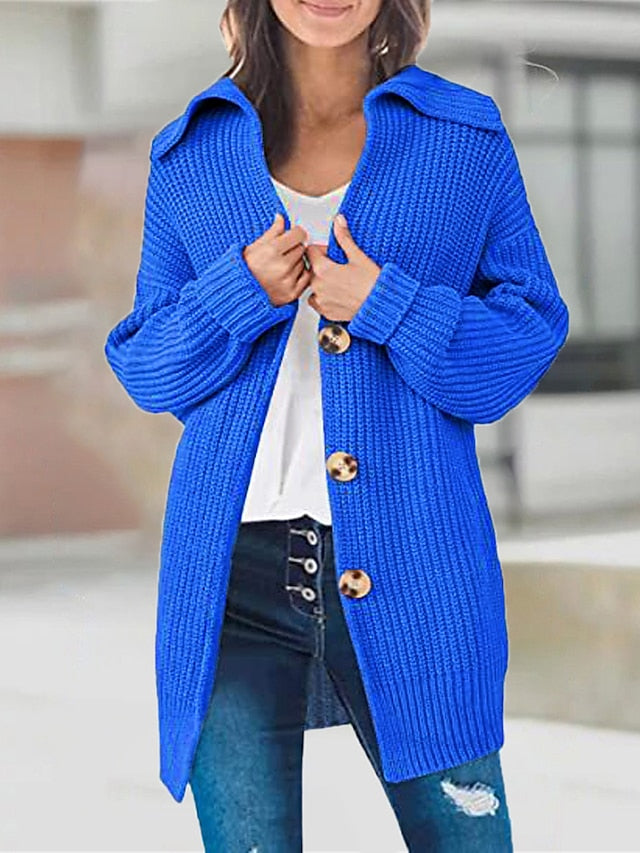 Women's Cardigan Sweater Shirt Collar Ribbed Knit Acrylic Patchwork Button Fall Winter Long Daily Going out Weekend Stylish Casual Soft Long Sleeve Solid Color Black White Yellow S M L