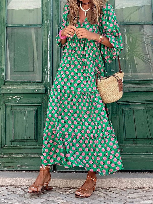 Women's Dress - Casual Dress Swing Dress Long Dress Maxi Dress Wine Blue Dark Green 3/4 Length Sleeve Floral Print Summer Spring Fall V Neck Fashion Vacation Fall Dress Summer Dress Regular Fit 2023 S M L XL