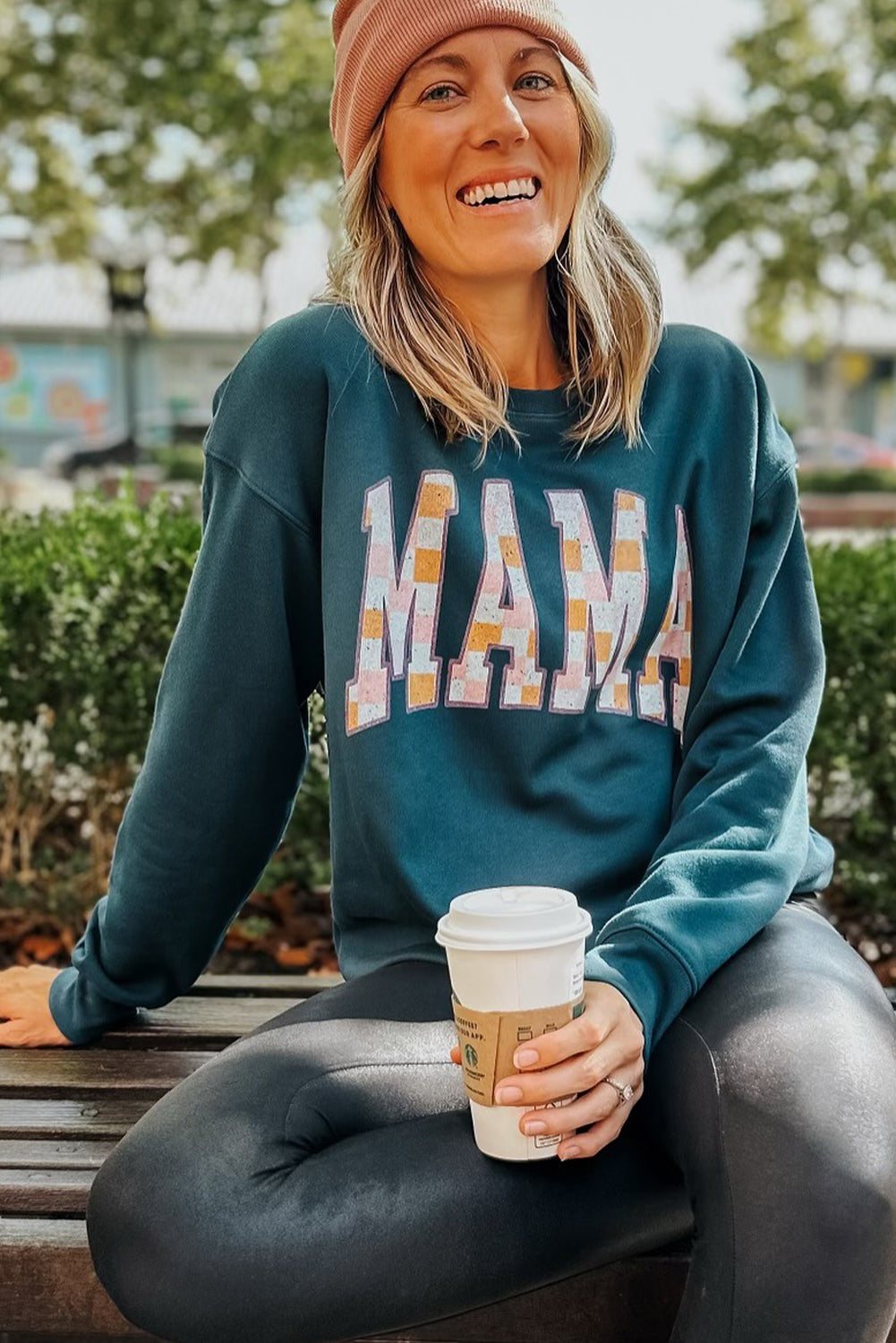 Blue Sapphire Checkered MAMA Graphic Drop Shoulder Crew Neck Sweatshirt