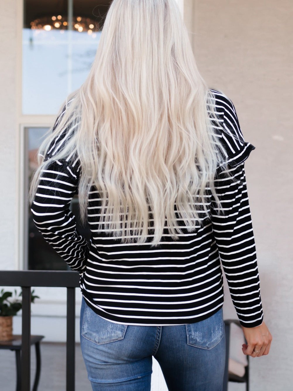 Elegant Black Striped Ruffled Button-Up Blouse