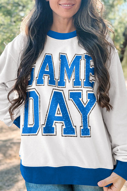 White GAME DAY Letter Graphic Varsity Striped Detail Baggy Sweatshirt