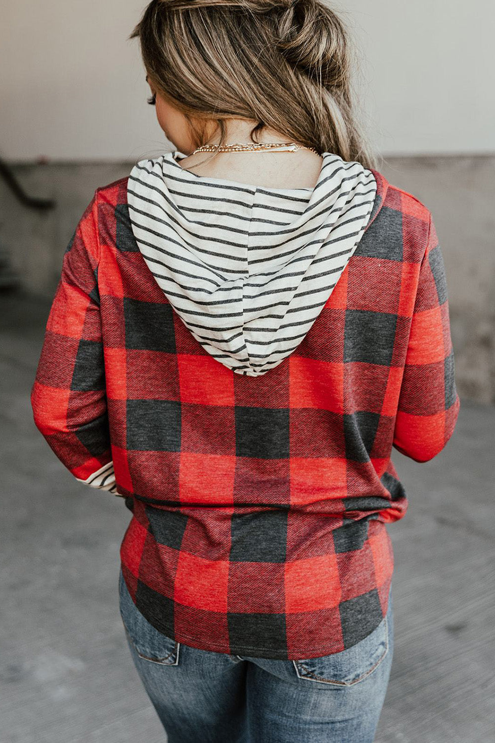 Fiery Red Christmas Plaid Striped Hooded Patchwork Sweatshirt