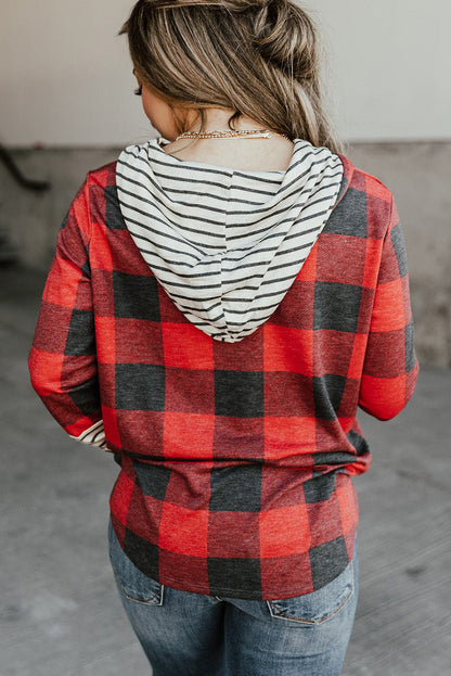 Fiery Red Christmas Plaid Striped Hooded Patchwork Sweatshirt