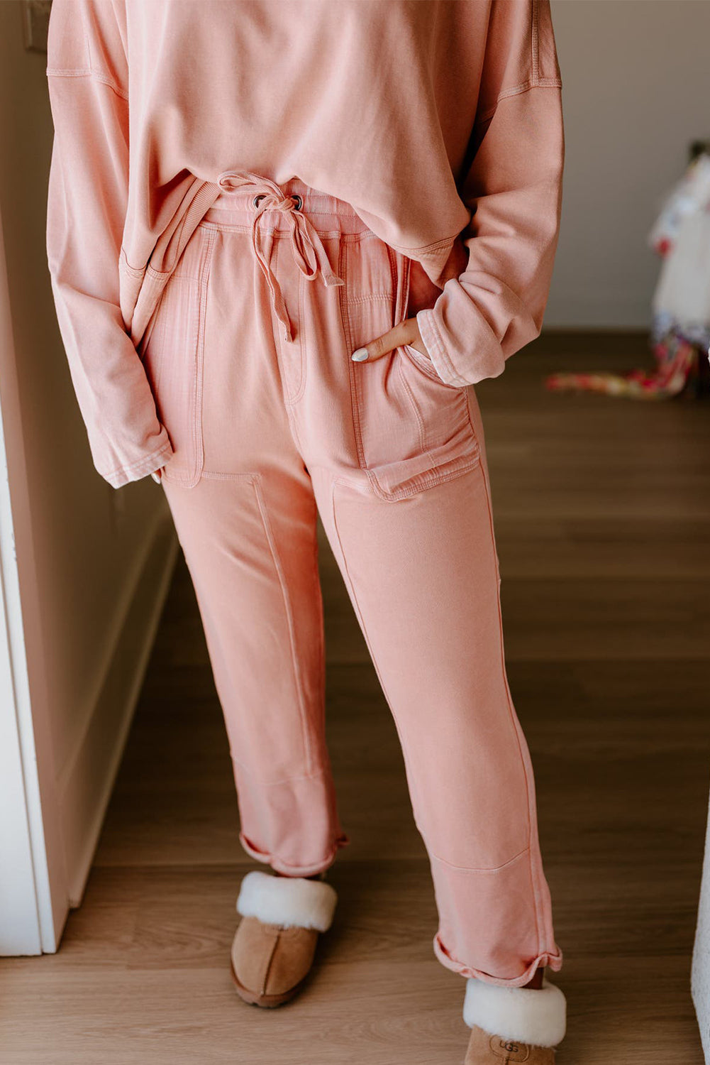 Apricot Pink Exposed Seam Drop Shoulder Pullover Drawstring Pants Lounge 2pcs Set