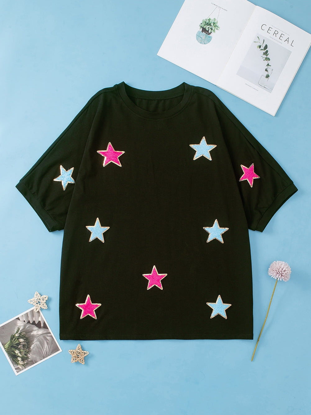 Chic Black Star Sequin Plus Size T-Shirt