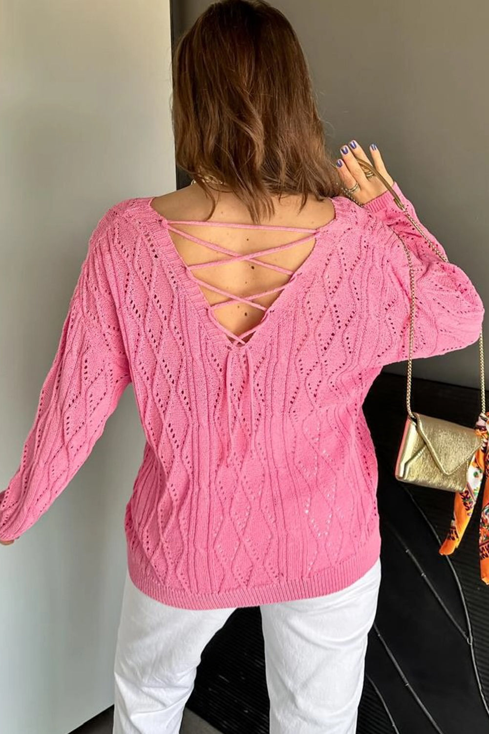 Sachet Pink Geometric Textured Crisscross Lace up Knit V Neck Sweater
