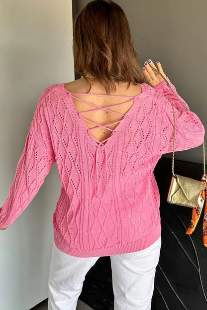Sachet Pink Geometric Textured Crisscross Lace up Knit V Neck Sweater
