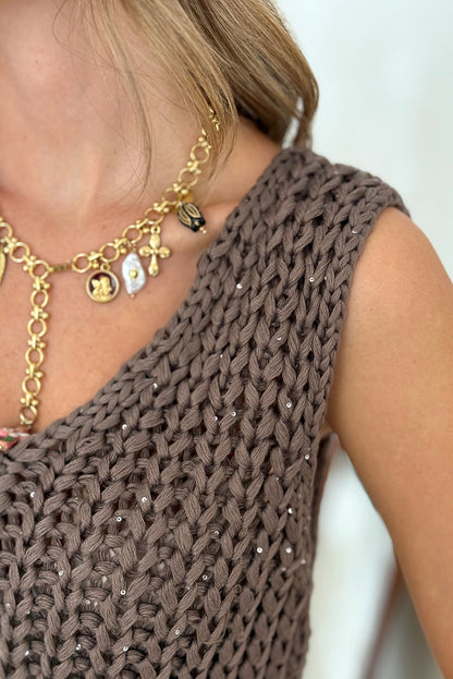 Beige Chunky Cable Knit Tiny Sequin Detail V Neck Sweater Vest