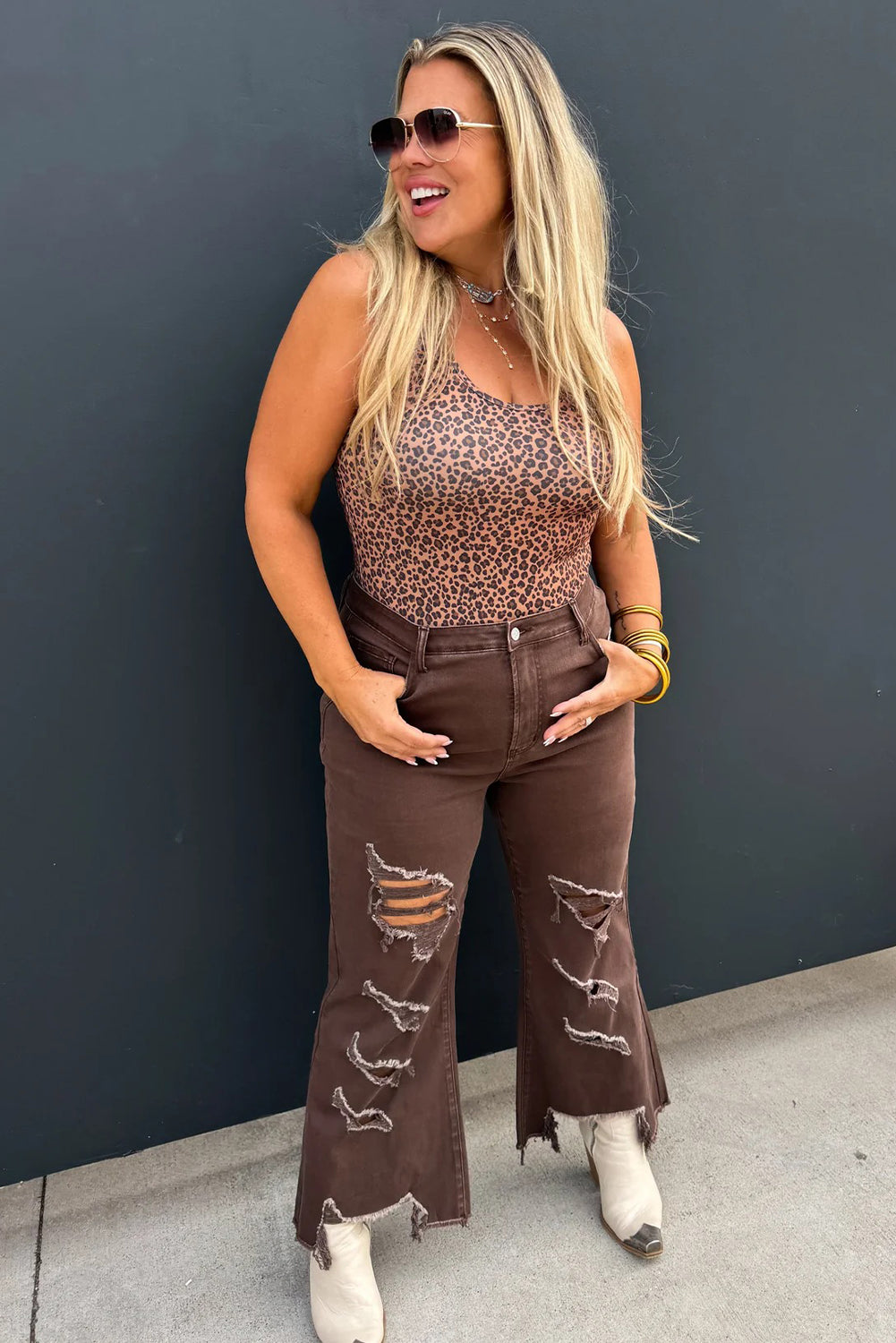 Coffee Asymmetric Distressed Raw Hem Cowgirl Jeans