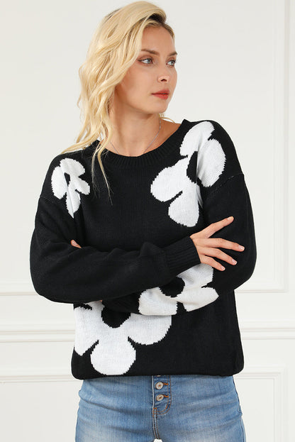 Elegant Black Floral Knit Sweater