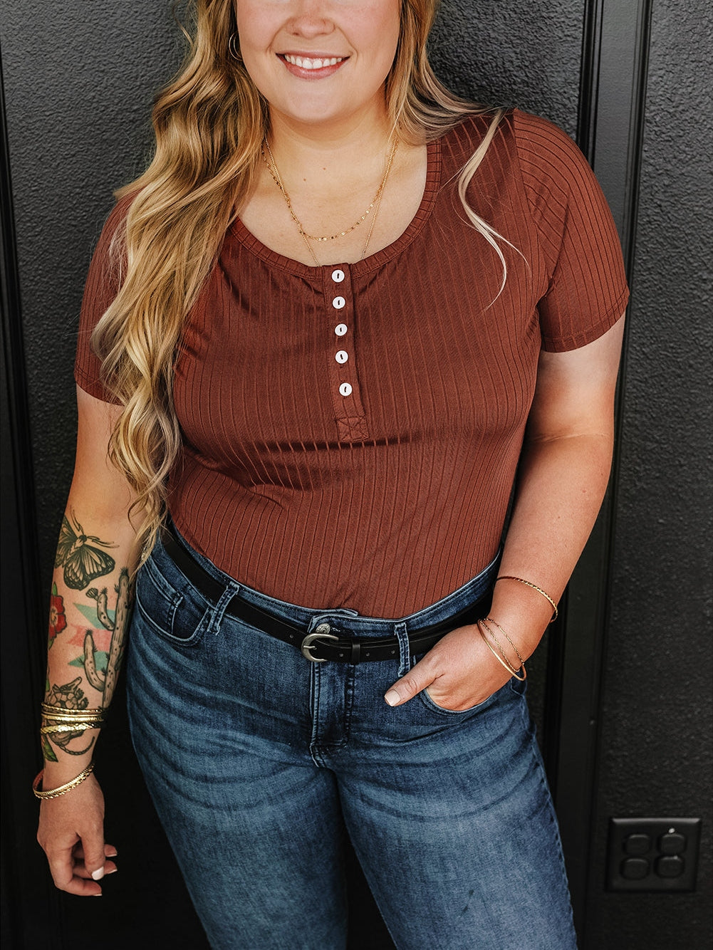 Chestnut Plus Size Ribbed Knit Henley Tee