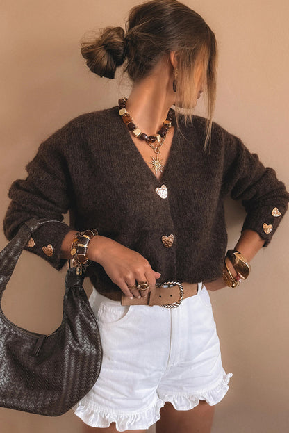 Chicory Coffee V Neck Heart Chunky Knit Metal Button Sweater Cardigan