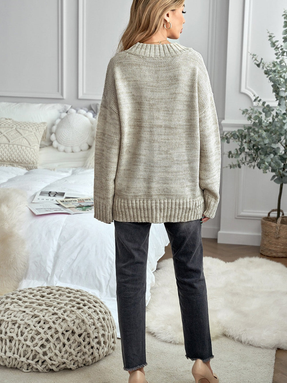 Khaki Drop Shoulder V-Neck Knit Pullover Sweater