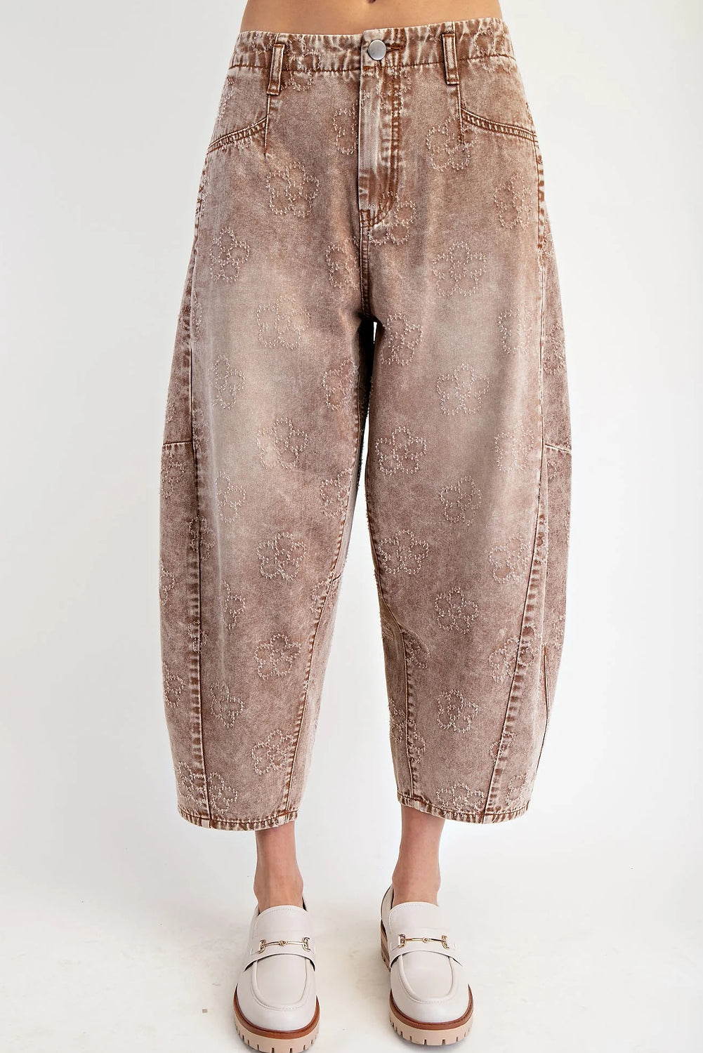 Straw Yellow Mineral Wash Flower Embellished Ankle-length Barrel Jeans