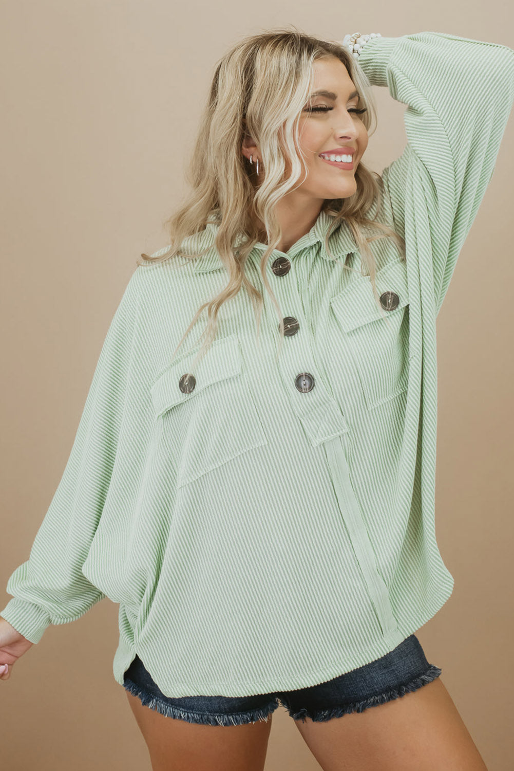 Sage Oversized Ribbed Henley Top with Pockets
