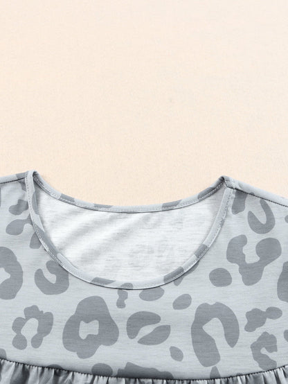 Gray Leopard Pattern Ruffle Sleeve Tiered Tank Top