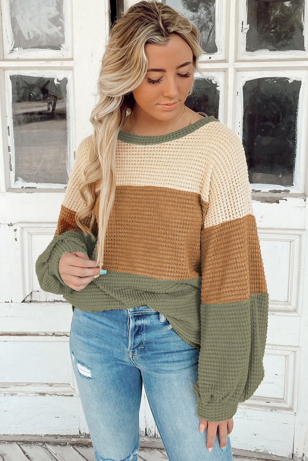 Green Striped Bubble Sleeve Baggy Top with Color Block Detail