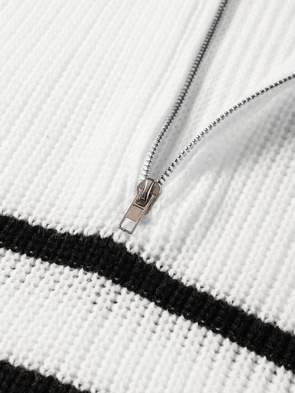 Elegant White Striped Half Zip Stand Neck Sweater Tee