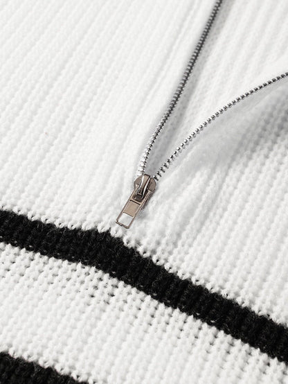 Elegant White Striped Half Zip Stand Neck Sweater Tee